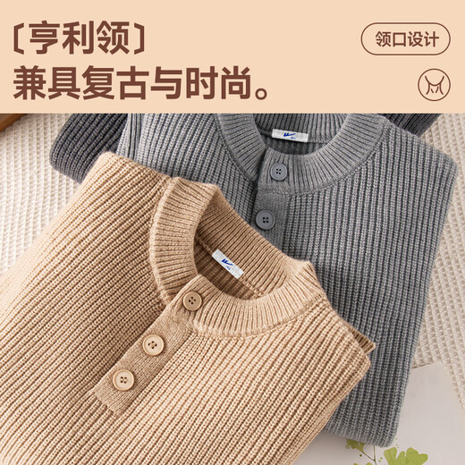 Warrior Henley Collar Sweater Men's Winter Trendy Versatile Warm Top Men's Loose Inner Knitwear Light Gray L