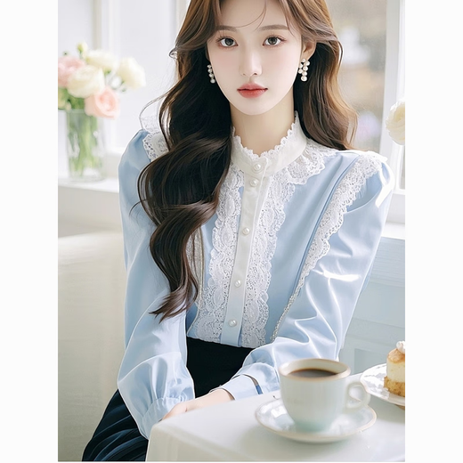 Luo Meng 2025 new high-end temperament blue palace lace stand-up collar shirt women's spring niche unique tops sky blue L 106-120Jin Jin equals 0.5 kg