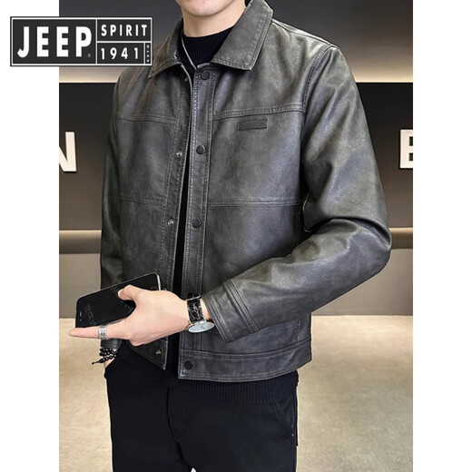 JEEP SPIRIT Jeep American fashion brand leather jacket men's autumn and winter 2025 new velvet thickened retro trendy motorcycle leather coffee color regular XL 125-145Jin Jin equals 0.5 kg