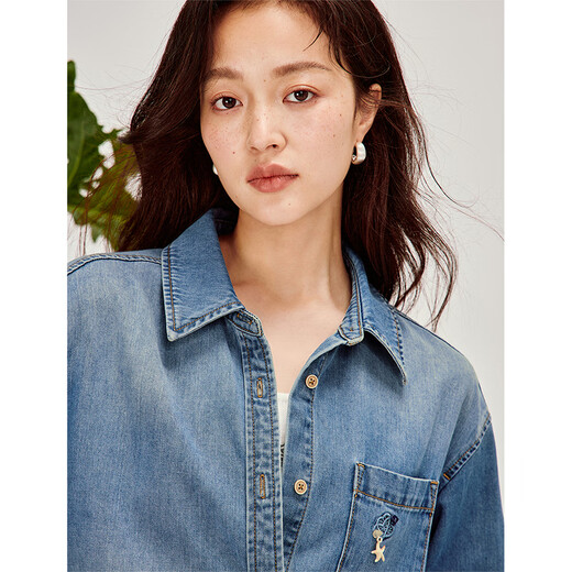 INMAN retro washed embroidered denim shirt 2026 spring women's new loose long-sleeved shirt top denim blue M