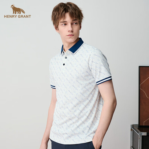 HENRY GRANT Henry Grant 2025 Summer Printed Logo Contrast Color POLO Shirt Men's Trendy Short-Sleeved Lapel T-Shirt White (QST242730U366) One Size 46 (170/92A)