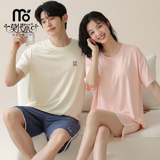 莫代尔情侣睡衣一男一女夏季冰丝短袖自带胸垫休息大码男士家居服 09M15801女09M15601男 XL 女