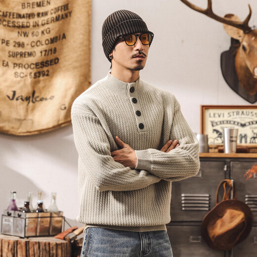 Jay Leno American retro heavyweight Henry collar sweater men's new winter warm velvet autumn and winter half turtleneck sweater jacket light gray 790g heavy M suitable for 100-125Jin Jin equals 0.5 kg