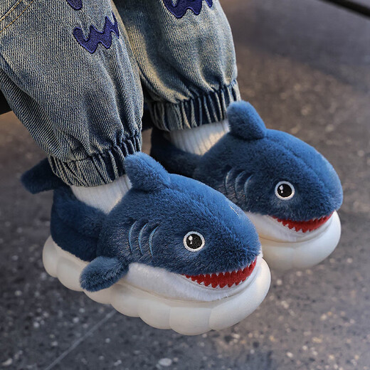 Winter children's cotton shoes, boy's shark bag heel, warm and furry, cute girl's home baby anti-slip cotton slippers, upgraded version of environmentally friendly material blue (heel bag), size 12 34/35 (shoe inner length 20CM, suitable for feet 19