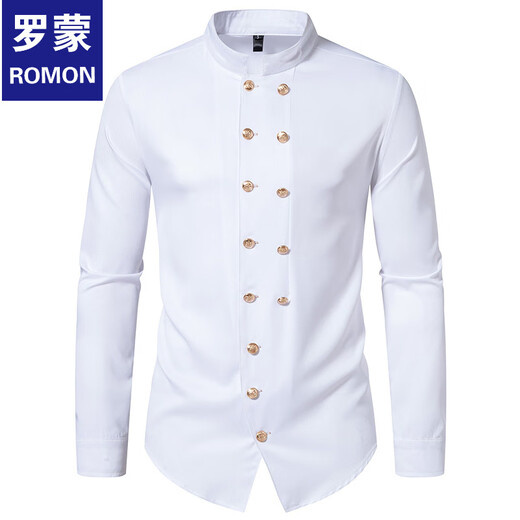 ROMON spring and autumn new long-sleeved shirt men's British retro double-breasted stand-up collar long-sleeved shirt Henry collar shirt white M