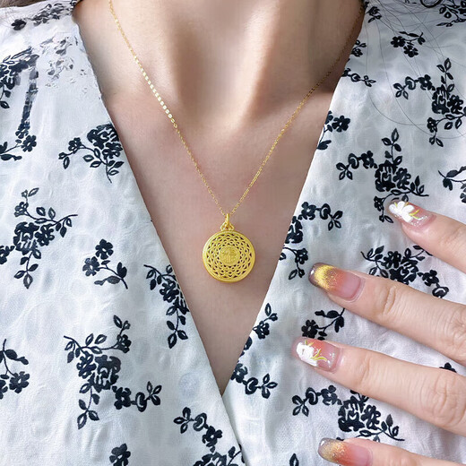 Chow Tai Fook Eight Treasures Compass Gold Pendant Ancient Method Pure Gold 999 Hollow Lotus Clavicle Necklace with Fu Characters for Birthday Gift to Girlfriend Seven Eight Treasures Pure Gold Compass Free S925 Necklace
