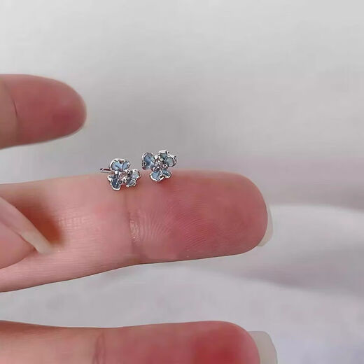 Meliades glue blue small fresh iris flower earrings for women s999 sterling silver Korean style fashionable zircon ear wire tassel earrings iris flower earrings_light blue S999 pure silver S999 sterling silver