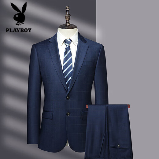 PLAYBOY high-end worsted wool suit men's business formal cashmere mulberry silk suit two-piece set 1007 blue M 170/46B