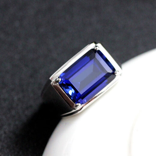 Quan Yin Men's Ring Real Silver Inlaid with Tanzanite Blue Gemstone Men's Rectangular Colored Treasure Domineering Men's Ring Opening Adjustable