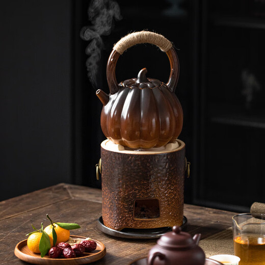 Cooking tea around the stove, pumpkin teapot, side handle kettle, charcoal-burning open fire kettle, indoor household retro tied teapot, double-ring carbon stove