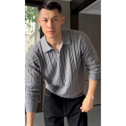 Muwei old money style Henry shoulder sweater men's autumn new retro polo collar cable knit bottoming top shirt gray XL recommended 130-150Jin Jin equals 0.5 kg