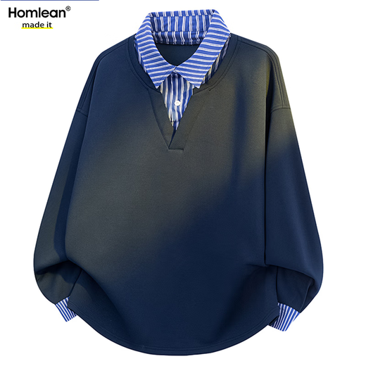 Homlean retro fake two-piece spliced ​​lapel pullover sweatshirt for men spring fashion brand loose casual HX12 gray M