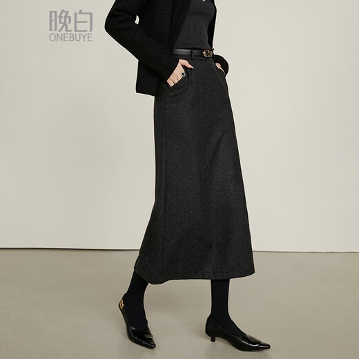 Late White New Product 2025 Autumn Fashion Casual Skirt Straight Solid Color Wool Skirt Without Belt Dark Gray L