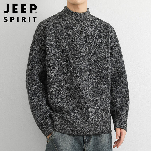 JEEP SPIRIT Jeep half-turtleneck sweater for men in autumn and winter trendy brand sweater for men with loose inner sweater, light gray XL