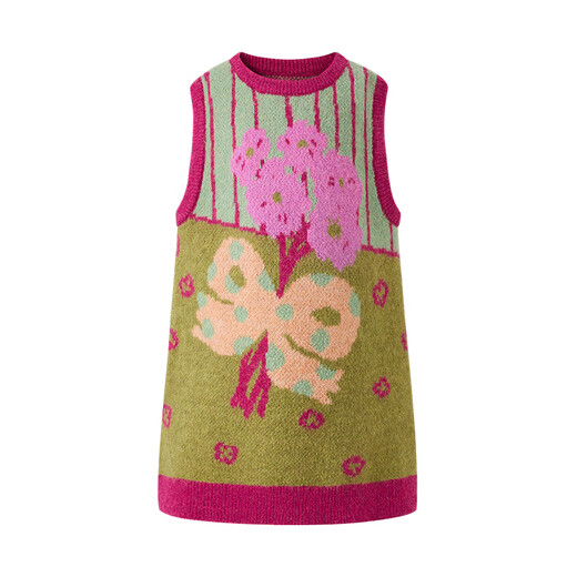 Little Naive Flowers and Girls Girls Contrast Color Bouquet Tank Top Autumn and Winter Children's Knitted Dress Pink 140