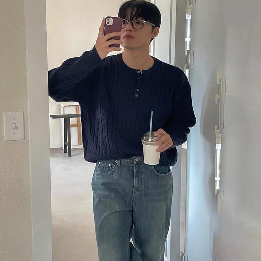 Semir Heavy Industry Knitted Twist Henley Neck Sweater Men's Spring and Autumn New Korean Style Lazy Loose Pullover Sweater Gray Gray XL