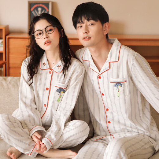 First search for new couples pure cotton brushed velvet pajamas simple striped men's high-end cartoon girl long-sleeved home clothes white women's L