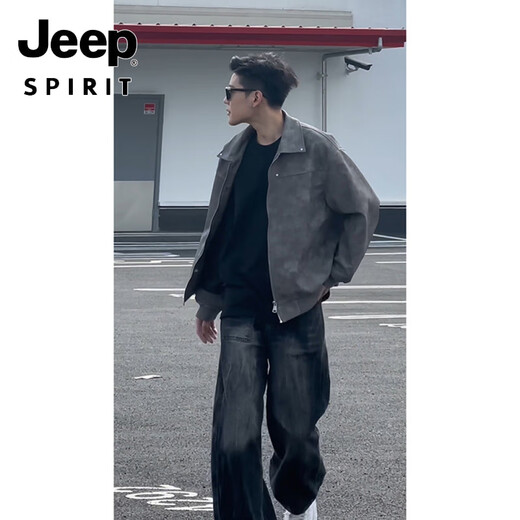 JEEP SPIRIT black and gray leather jacket men's spring and autumn American motorcycle short jacket handsome high-end lapel baseball uniform gray M