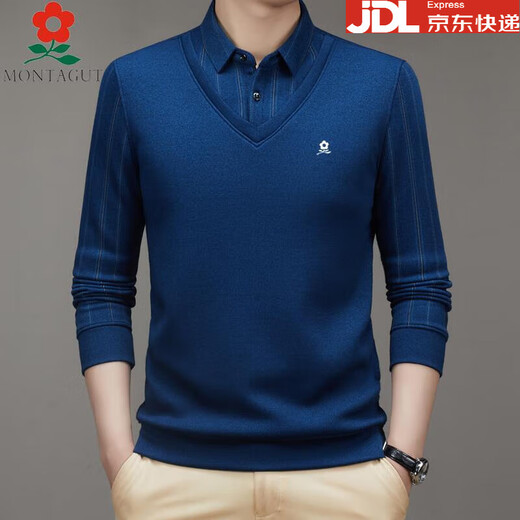 Montagut men's shirt collar fake two-piece long-sleeved T-shirt wool plus velvet thickened warm middle-aged dad's outfit 2630-1-Haqing 2XL 180 suitable for 145-165Jin Jin equals 0.5 kg