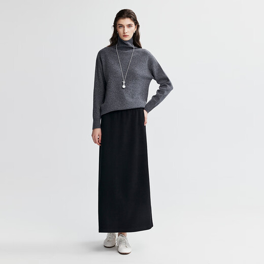 Virgin cotton turtleneck wool cashmere pullover sweater for women 25 autumn and winter slightly loose knitted top wide rib design impression gray L