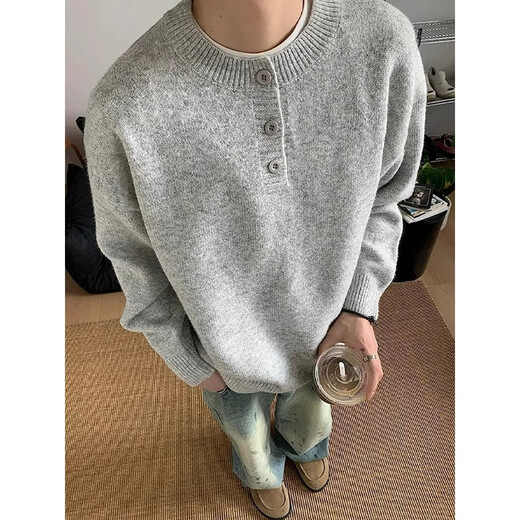 Miao Yijia Sweater Men's Winter Thickened Men's Sweater Knitwear Boys Teenagers Sweater Warm Inner Layer High-end Henley Neck Sweater Sweater Gray L Recommended 110-130Jin Jin equals 0.5 kg