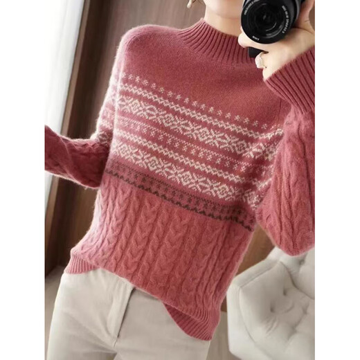 La Chapelle French Fair Isle half-high collar thickened sweater for women retro jacquard sweater 2025 autumn and winter new inner wear warm bean paste red L recommended 125-155 Jin Jin equals 0.5 kg
