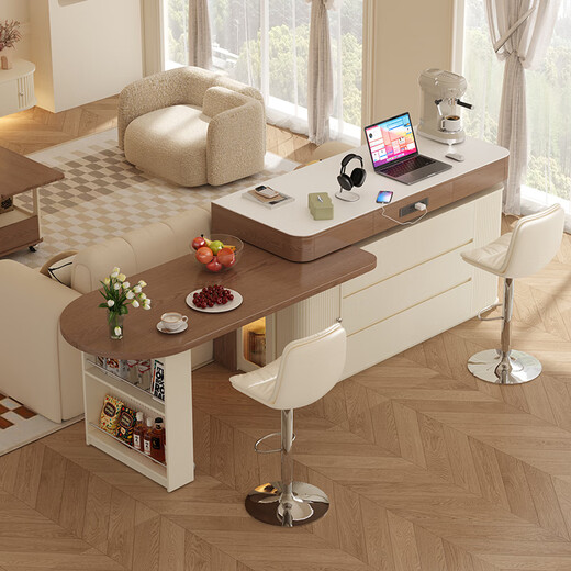 Isabel rotating telescopic island dining table integrated solid wood multifunctional small apartment kitchen island sideboard bar table 1 meter island + 1.2 meter dining table + soft chairs * 4 Bull socket - ENF grade solid wood