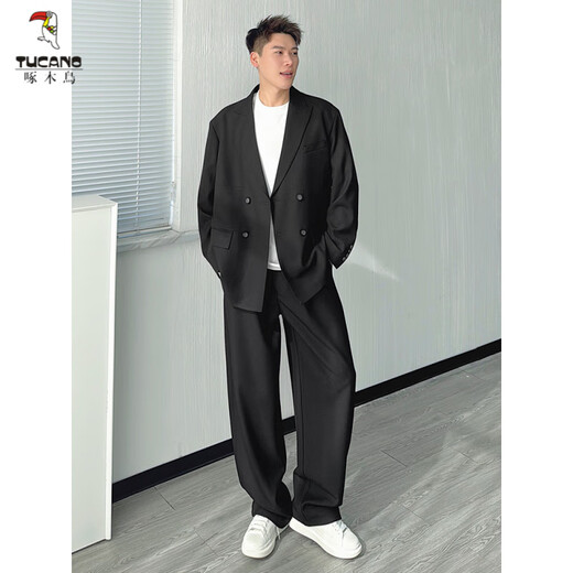 Woodpecker (TUCANO) double-breasted suit suit men's spring and autumn Korean style handsome casual suit loose jacket trend apricot gray suit L recommended 135-155 Jin Jin equals about 0.5 kg