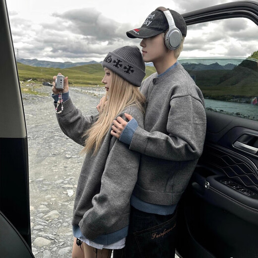 Digada American retro fake two-piece cardigan sweater for men autumn lazy style couple Henry collar sweater jacket MKQSF-2526 gray M 90-110Jin Jin equals 0.5 kg