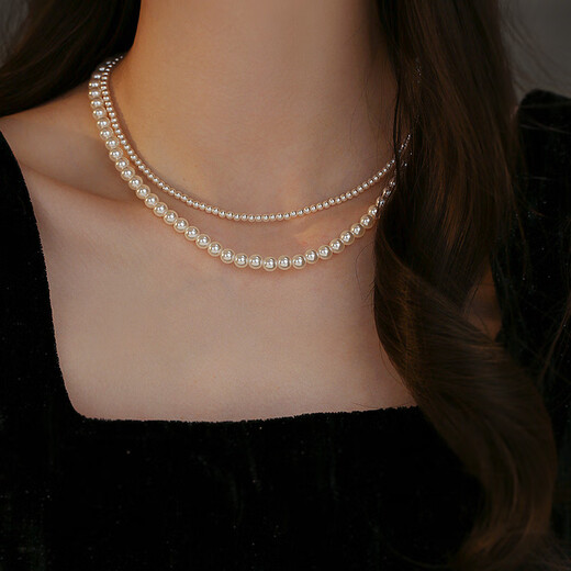Bai Qixin necklace Shijia imitation pearl double-layer stacked necklace light luxury niche high-end clavicle chain versatile temperament necklace magnetic buckle pearl necklace 4mm