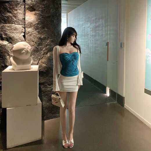 Liuuheeheea niche design tube top slimming slim net celebrity ins solid color versatile slim sleeveless top blue S