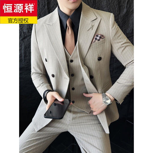 Hengyuanxiang khaki double-breasted gun lapel suit men's vertical stripe slim fit banquet casual small suit jacket navy blue suit S (80-95Jin Jin equals 0.5kg)