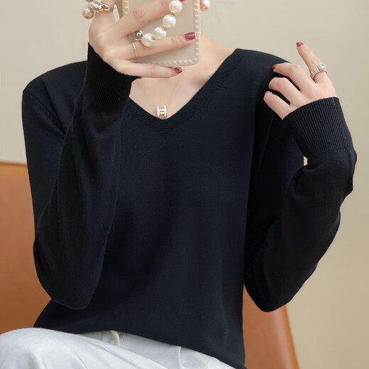 2025 new autumn fashionable bottoming shirt V-neck long-sleeved pullover sweater loose slimming versatile women's top pullover V-neck - gray XL 120-140Jin Jin equals 0.5 kg