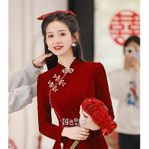Jialong Mingxiu Cheongsam Toast Wear 2025 Autumn and Winter Bride Small Return Wedding Casual Wear Burgundy Engagement Dress for Women Burgundy M