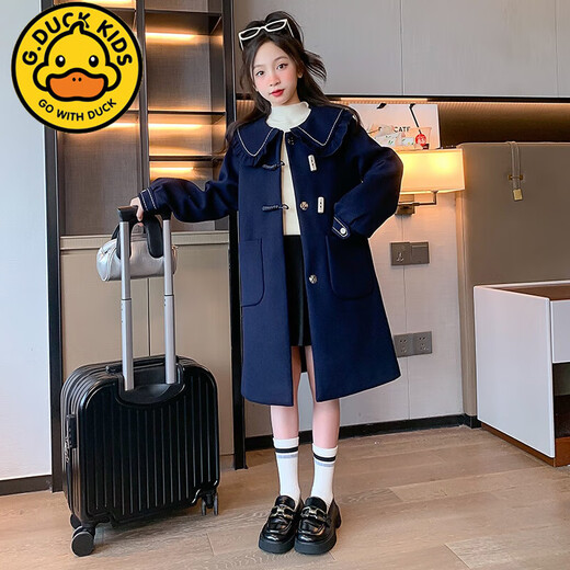 G.DUCKKIDS Girls' Woolen Coat Autumn and Winter 2024 New Style Western Style Medium and Large Children's Thickened Medium and Long Lapel Woolen Coat Navy Blue 150cm