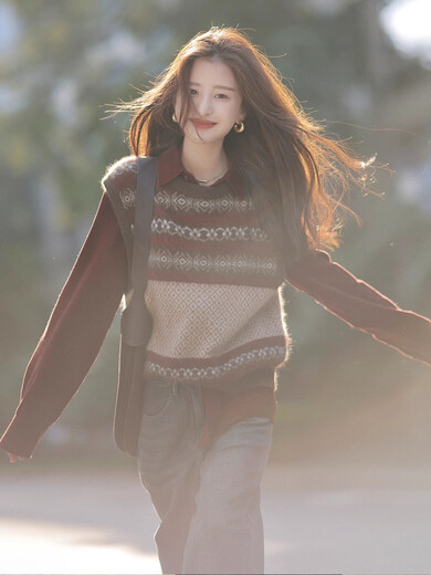 Xiaohongshu's popular Maillard fashion suit women's autumn and winter 2024 new vintage knitted vest vest matching shirt S autumn outfit with a complete set b one size