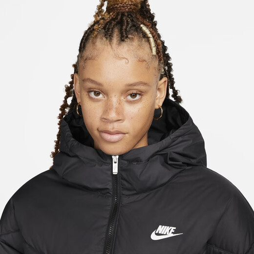 Nike Women's Windproof Down Jacket Hooded Jacket Winter Warm Printed Water-Repellent Jacket NIKE DQ5904 010 Black/Black/White S