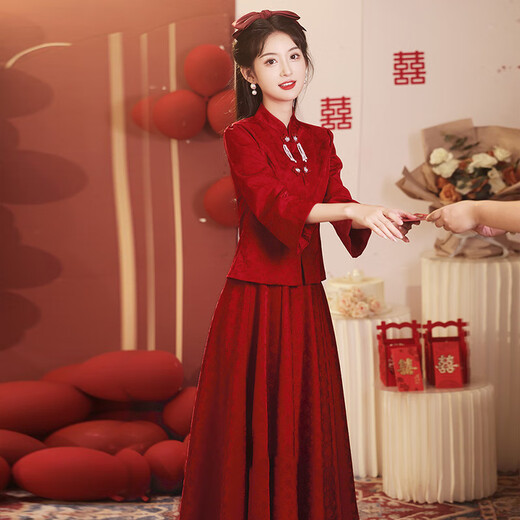 Chuangjing Yixuan Toast Wear Bridal Chinese Long Sleeve Cheongsam for Outing Party Long Retro Engagement Dress Two-piece Set Burgundy L