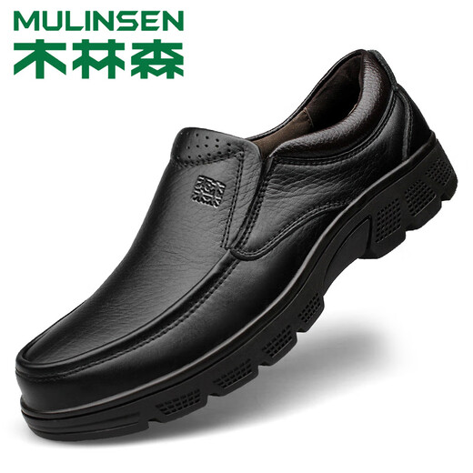 木林森（MULINSEN）皮鞋男真皮牛皮秋冬季中年爸爸鞋商务休闲鞋软底一脚蹬 DY-CS1503黑色套脚 38 _标准皮鞋码数