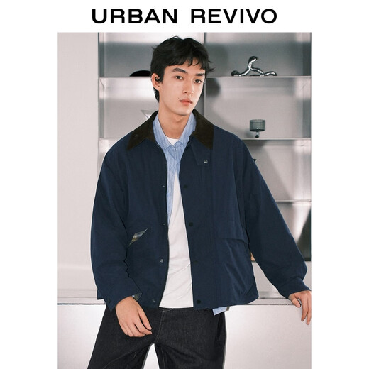 UR2025 Autumn New Men's Workwear Style Spliced Collar Super Loose Jacket UML150063 Sapphire Blue M (M-L)