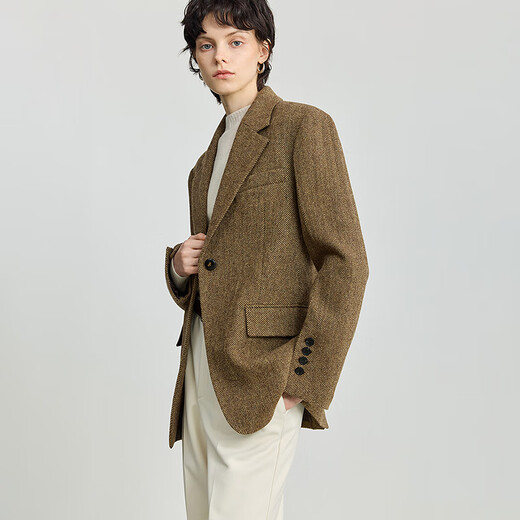 LILY 100% wool 2025 winter new style retro old money style thickened temperament commuter brown suit jacket for women 710 coffee L