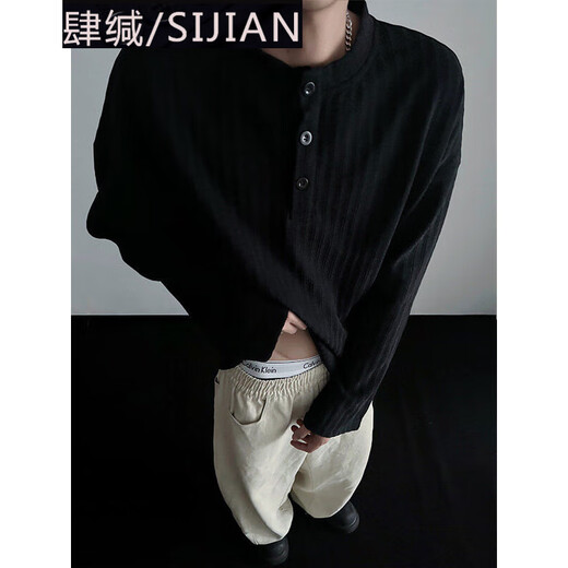 Si Yan black vintage henley collar sweater men's autumn and winter trendy brand lazy style pullover sweater style bottoming shirt black upgraded version M