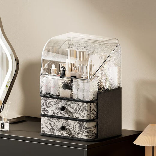 Vipero Makeup Brush Storage AKBK Cosmetic Storage Box Desktop Large Capacity Dustproof Dressing Table Lipstick Skin Care Product Flip Medieval Style Virgin Forest-Double Drawer + Flip Transparent Dustproof Box Leather + Density Board No Odor