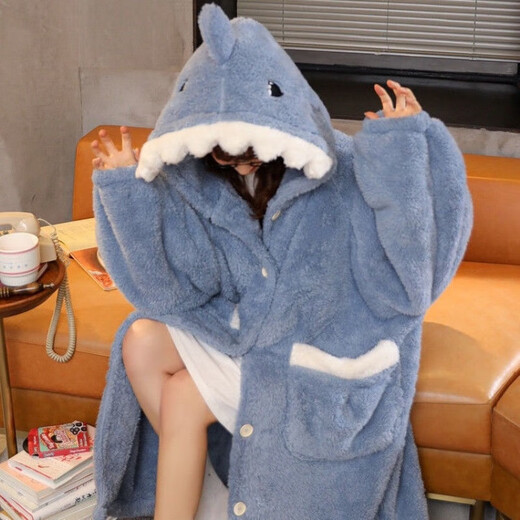 Sweet Fish Stitch Pajamas Autumn and Winter Thickened Flannel Cartoon Hooded Couple Pajamas Outerwear Home Clothes Set Gray Shark Pajamas Thickened M 2XL Recommended 175c180Jin Jin is equal to 0.5kg within