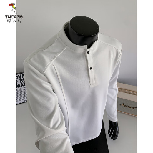 Woodpecker (TUCANO) gray Henry collar long-sleeved T-shirt for men 2025 new casual loose POLO shirt youth cleanfit sweatshirt black XL