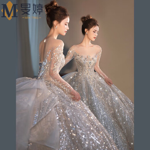 
Three-point DreamWork Wedding Dress Bride Main Yarn Heavy Industry High-Custom tailing French Starry One-Shoulder Wedding Dress Women's New Style Bride S Qidi Wedding Dress L All Size