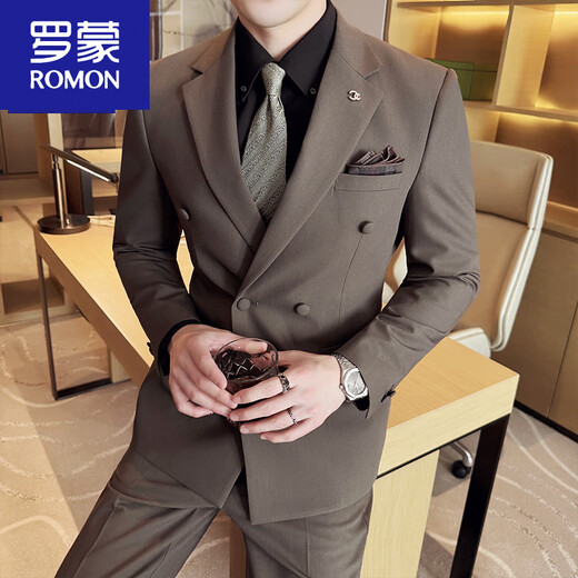 ROMON suit men's suit groom wedding dress British slim business formal suit double-breasted handsome trendy brown two-piece top + pants + shirt M 4895-105Jin Jin equals 0.5 kg to wear