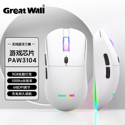 Great Wall Souris de jeu à trois modes filaire sans fil Bluetooth pilote ordinateur portable ordinateur de bureau téléphone portable tablette universelle blanc taux de retour 1K + 8000 DPI + pilote de page Web RVB