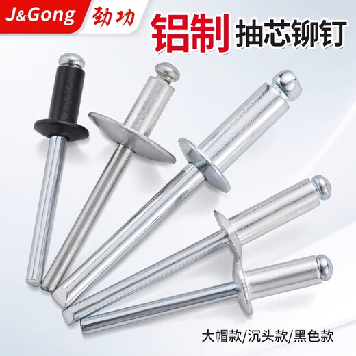 Jinggong aluminum core blind rivets iron rivets open round head large cap countersunk head rivets M2/2.4/3/4/5/6mm M2*4 (100 pieces) Aluminum color
