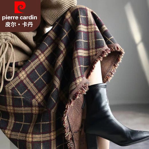 Pierre Cardin tassel raw edge autumn and winter thickened retro plaid skirt A-line high waist slimming large hem mid-length casual skirt coffee color L recommended 110-120Jin Jin equals 0.5 kg